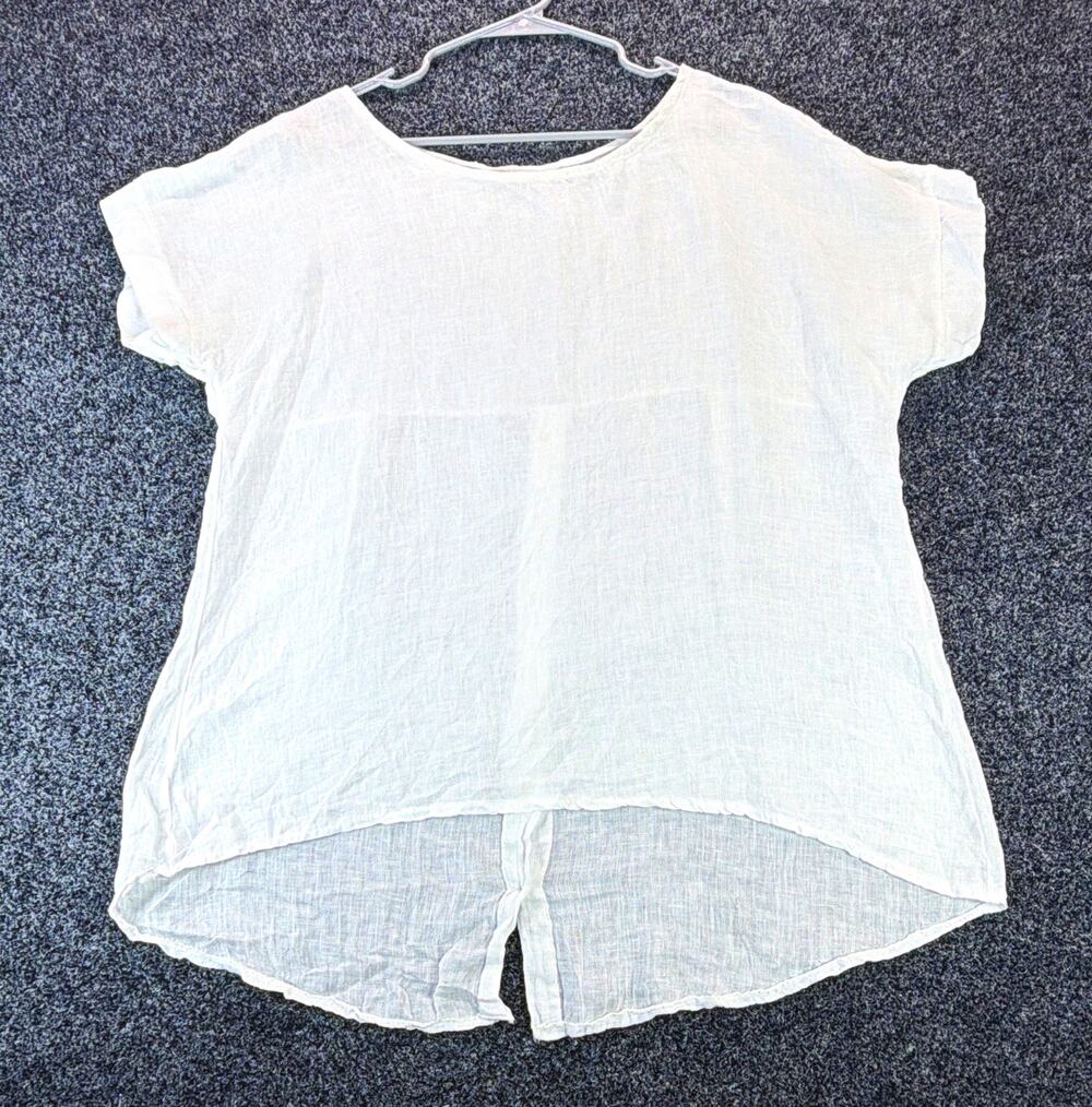TERZO MILLENNIO Women's White Solid Linen Woven Round Neck Button Blouse L